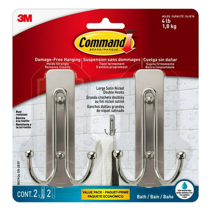 Command Large Double Bath Hook - Satin Nickel, 1 Hook + 1 Strip