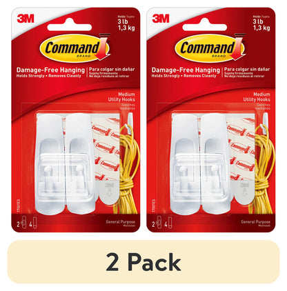 Command Medium Utility Wall Hook - White, 2 Hooks + 4 Strips