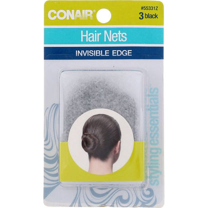 CONAIR Hold & Hide Invisible Edge Hair Nets - Black, 3 count