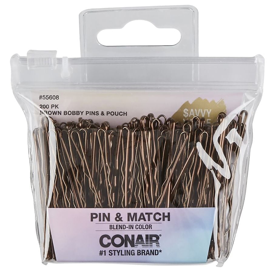 CONAIR Pin & Match Bobby Pins With Pouch - Brown, 200 count