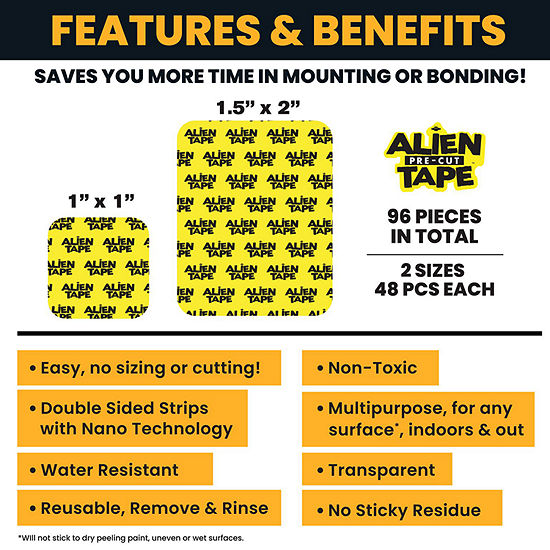 ALiEN Tape Pre-Cut Multipurpose Grip Removeable Mounting Tape, 96 Pieces