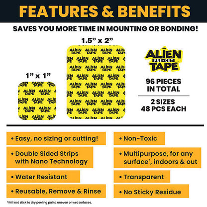 ALiEN Tape Pre-Cut Multipurpose Grip Removeable Mounting Tape, 96 Pieces