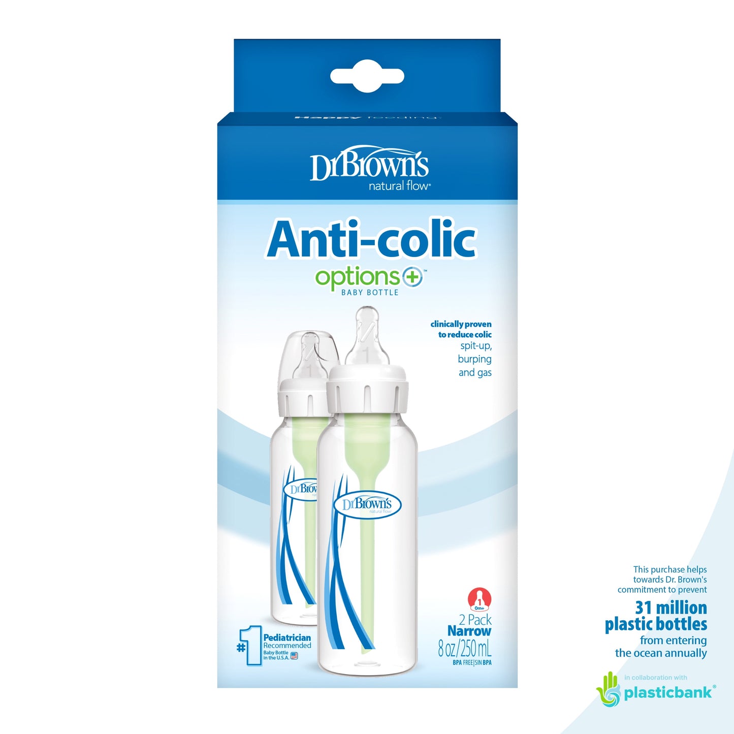 Dr Brown’s Natural Flow Anti-Colic Options Plus Narrow Baby Bottle, 8 oz - Clear, 2 count