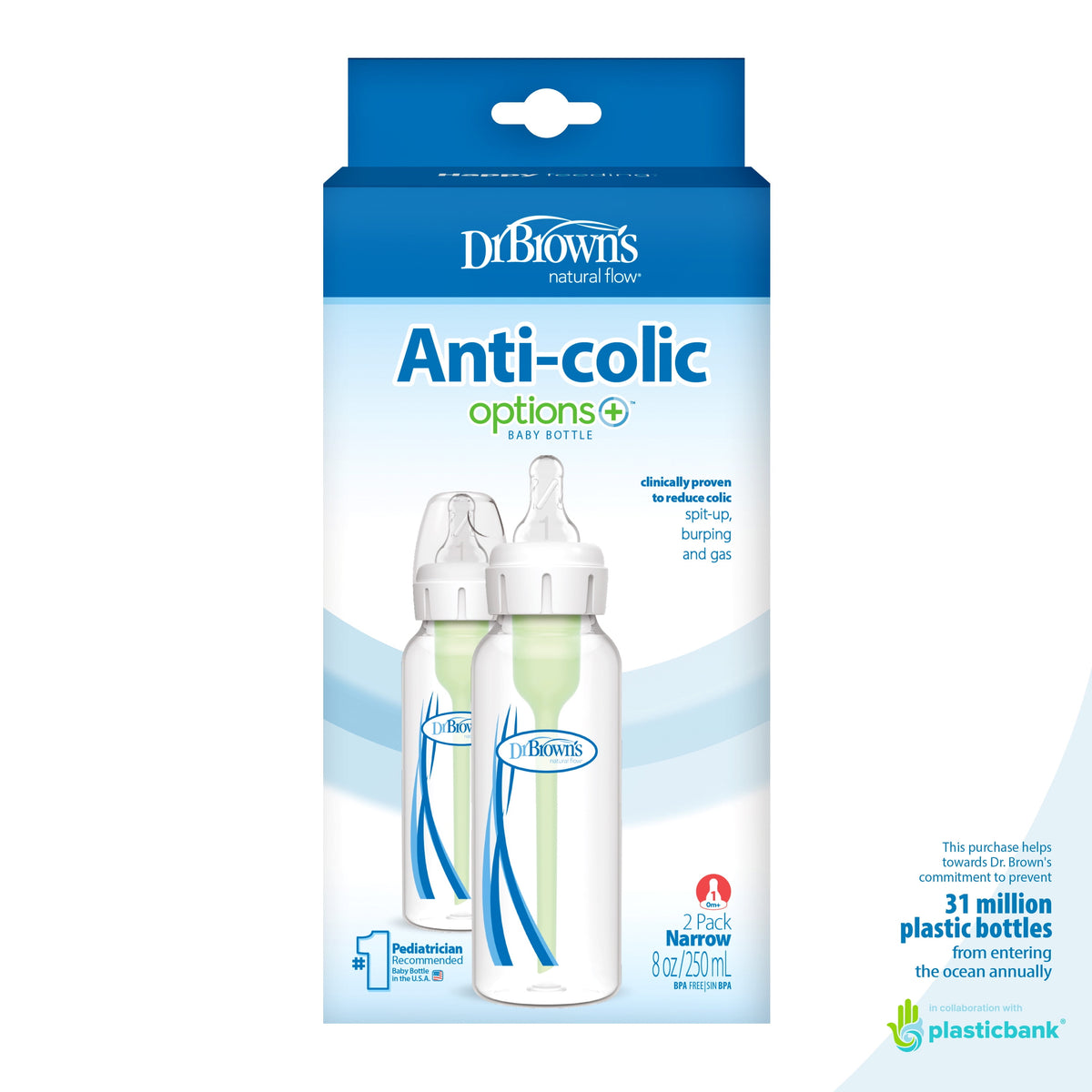Dr Brown’s Natural Flow Anti-Colic Options Plus Narrow Baby Bottle, 8 oz - Clear, 2 count