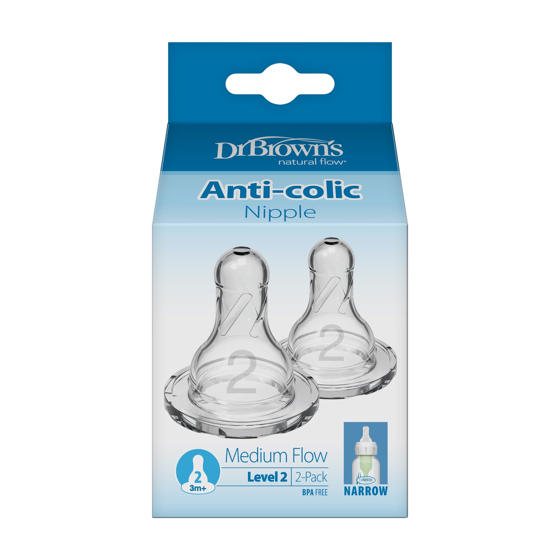 Dr Brown's Level 3 Narrow Baby Bottle Silicone Nipple - Medium-Fast Flow, 2 count
