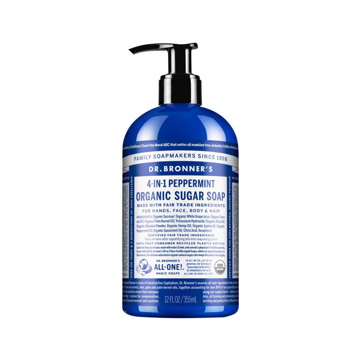 Dr. Bronners Organic Sugar Soap 12oz Peppermint Pump