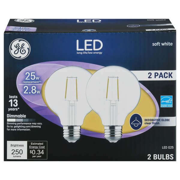 GE 2.8W G25 LED Soft White Dimmable Clear Finish Decorative Globe Ligh Bulb (2-Pack)