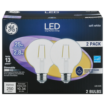 GE 2.8W G25 LED Soft White Dimmable Clear Finish Decorative Globe Ligh Bulb (2-Pack)