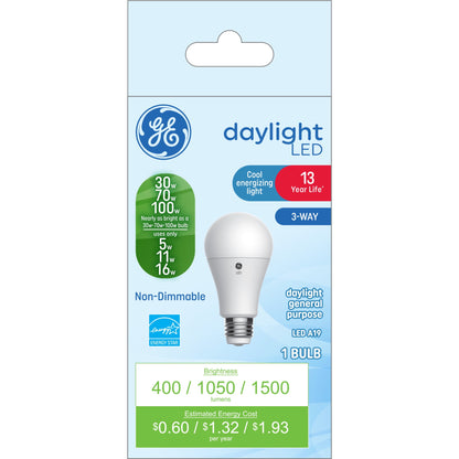 GE Lighting Basic LED 100/70/30 Watt Replacement, Daylight, A19 3-Way Bulbs, 1 Pack