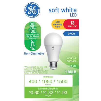 GE Lighting Classic LED 100/70/30 Watt Replacement, Soft White, A19 3-Way Bulbs, 1 Pack