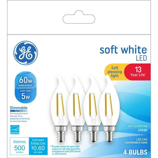 GE Lighting LED Candelabra Base Decorative 40 Watt, Soft White - Globe Bulbs, 2 Count
