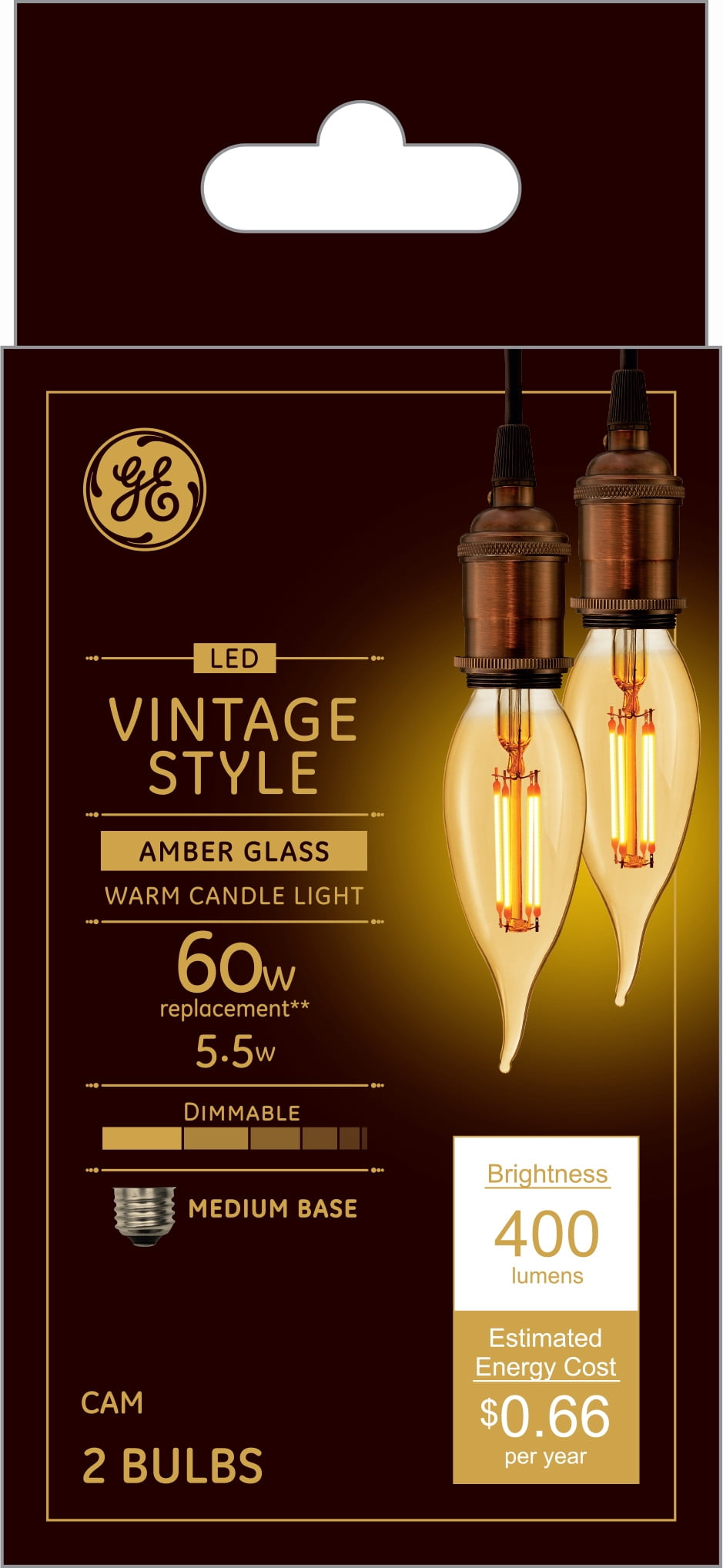 GE Lighting LED Vintage Style Amber Glass Warm Candle Light 5.5W 60W EQ A15 Dimmable, 2 pack