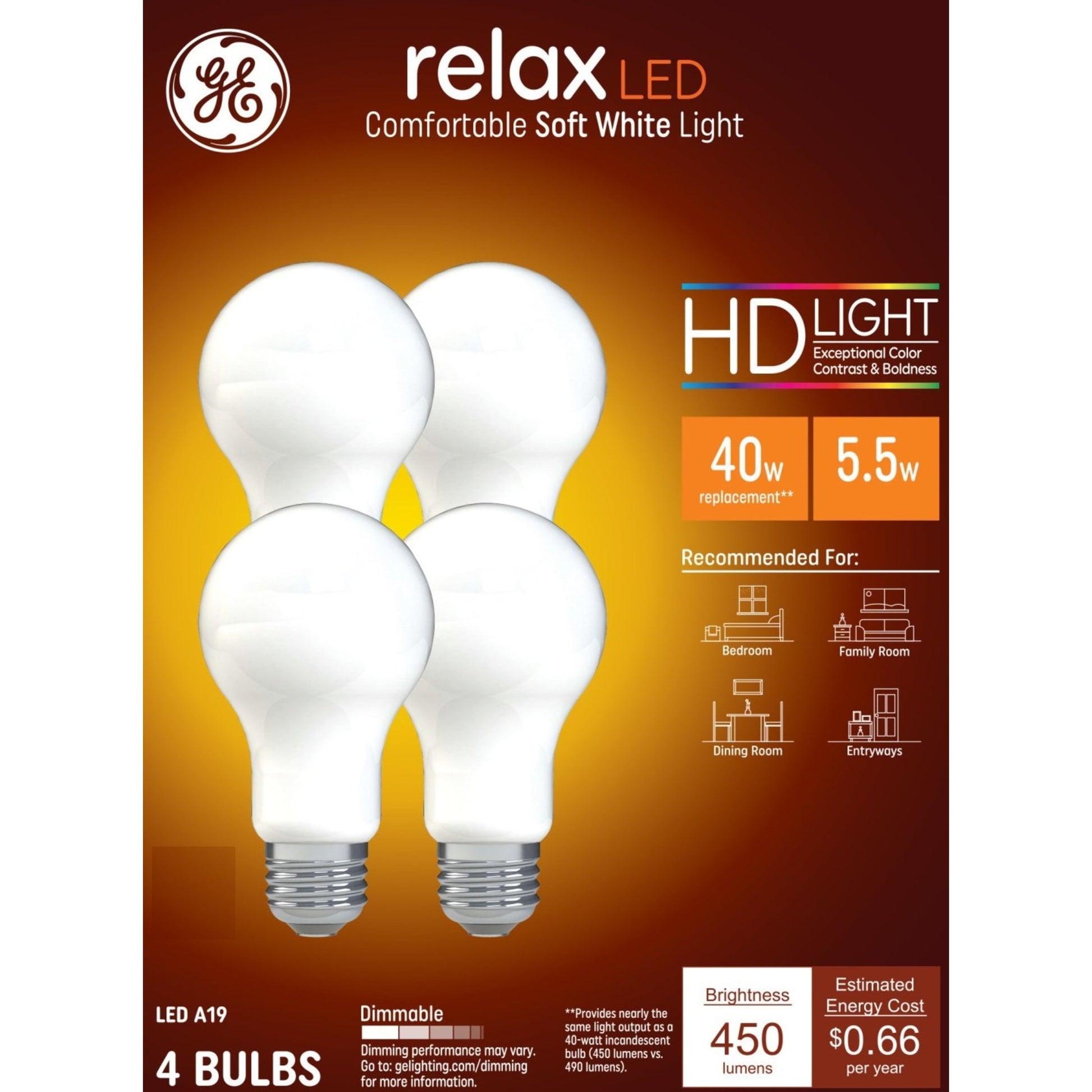 GE Lighting Relax HD CA11 LED Light Bulbs, Decorative Candle Bulbs, 40 Watt Replacement, Soft White, 2 Pack