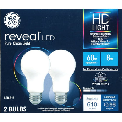 GE Lighting Reveal LED Light Bulbs, 9 Watt, 60 Watt Equivalent, HD+ Light, Standard Bulb Shape, Medium Base, Dimmable, 2 Pack