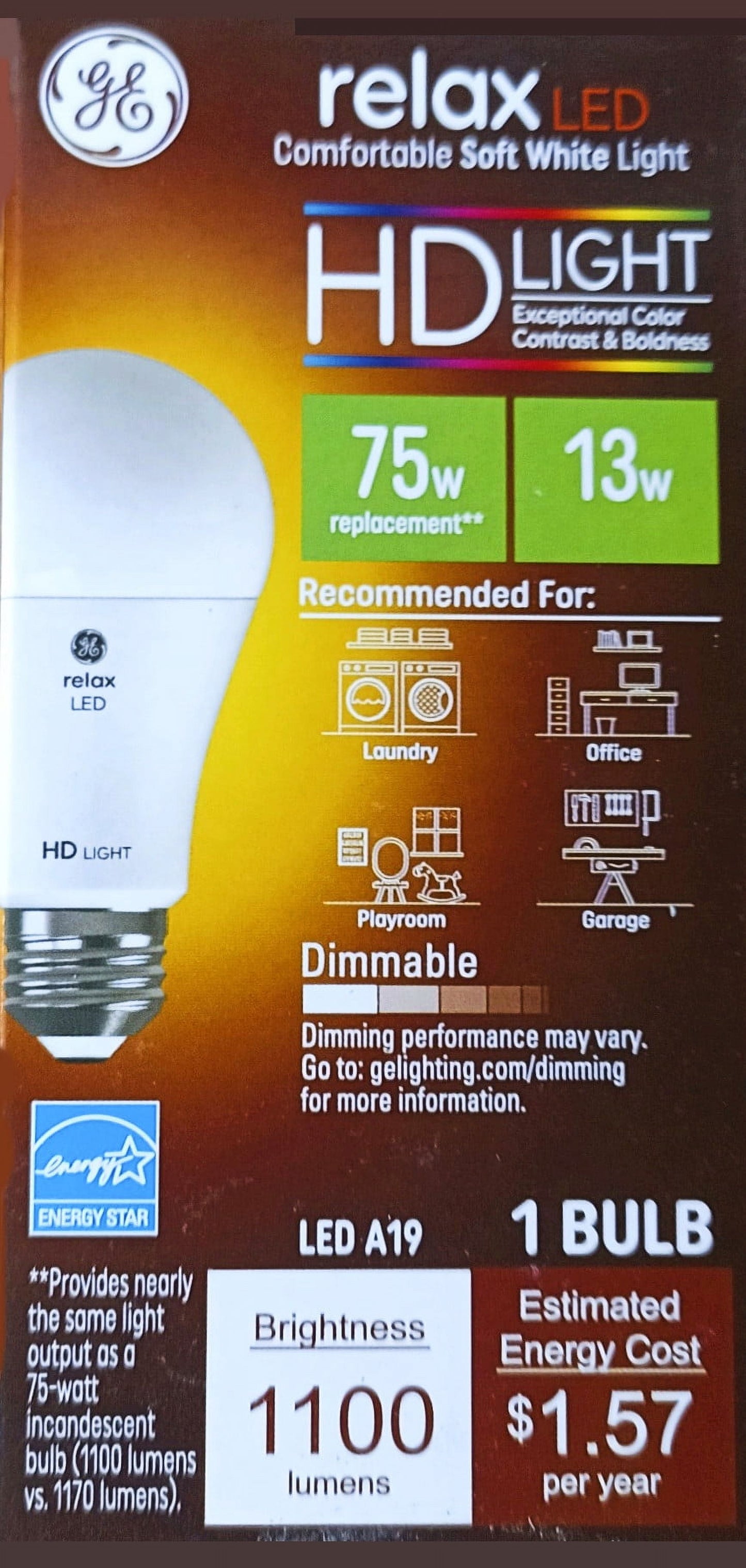 GE Lighting 100W Relax A19 LED HD Light Bulbs Soft White: 100W Equivalent, 2700K, Dimmable, Energy Star Certified, E26 Base, 2 pack