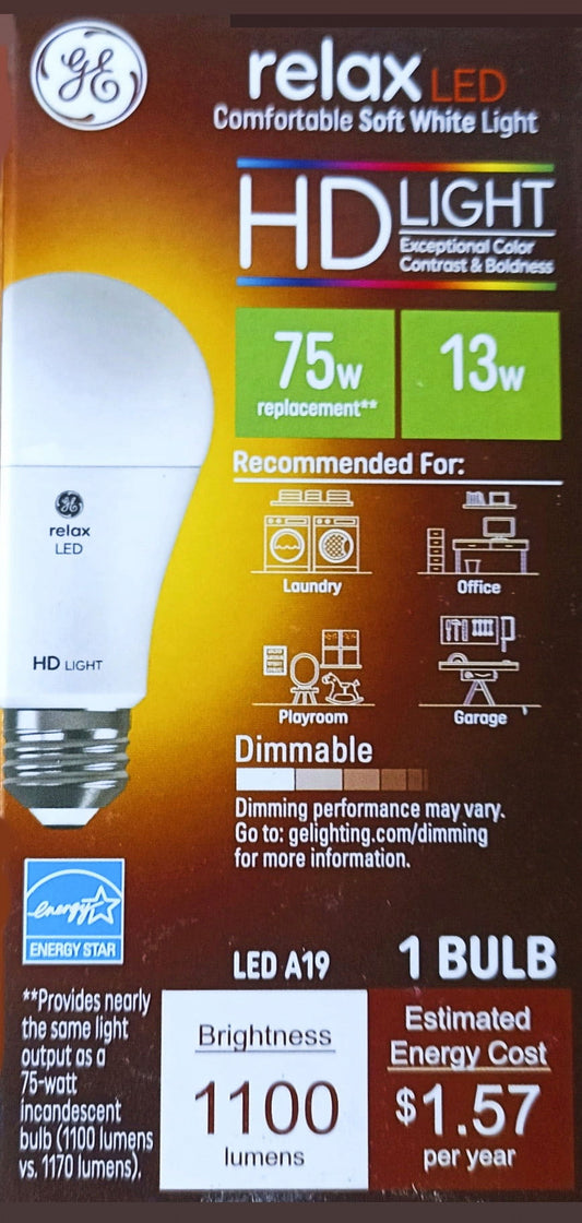GE Lighting 100W Relax A19 LED HD Light Bulbs Soft White: 100W Equivalent, 2700K, Dimmable, Energy Star Certified, E26 Base, 2 pack