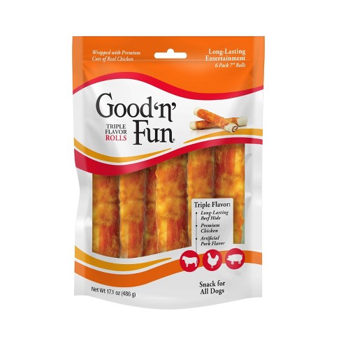 Good 'n' Fun Triple Flavor Rolls Rawhide with Pork, Beef and Chicken Flavor Dog Treats, 6 count