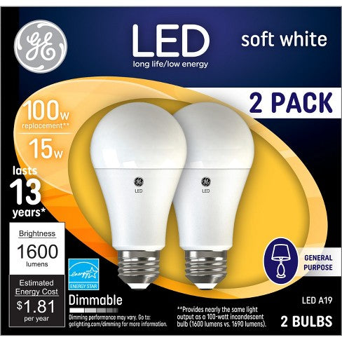 GE Lighting 100W A19 LED Light Bulbs Soft White: Dimmable, 2700 Kelvin, 1600 Lumens, Energy Star Certified, 2 pack