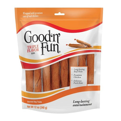 Good 'n' Fun Ribs Rawhide with Beef, Chicken and Pork Flavor Dog Treats, 12 oz