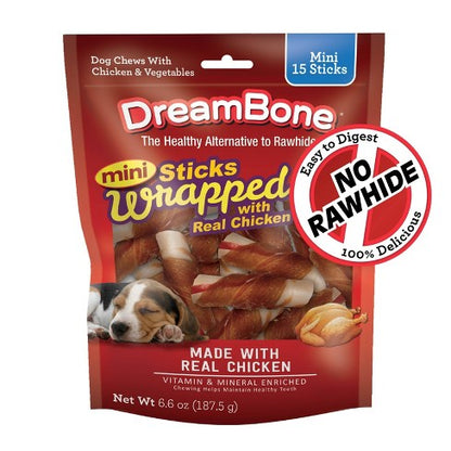 DreamBone Rawhide Free Dog Treats Mini Real Chicken Wrapped Chews, 15 count
