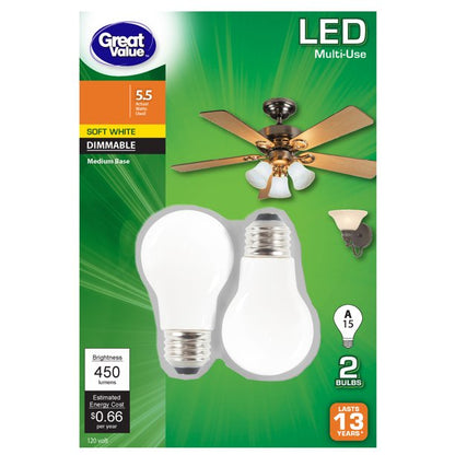 GE 3.5W LED Soft White Dimmable A15 Ceiling Fan Frosted Finish Light Bulb (2-Pack)