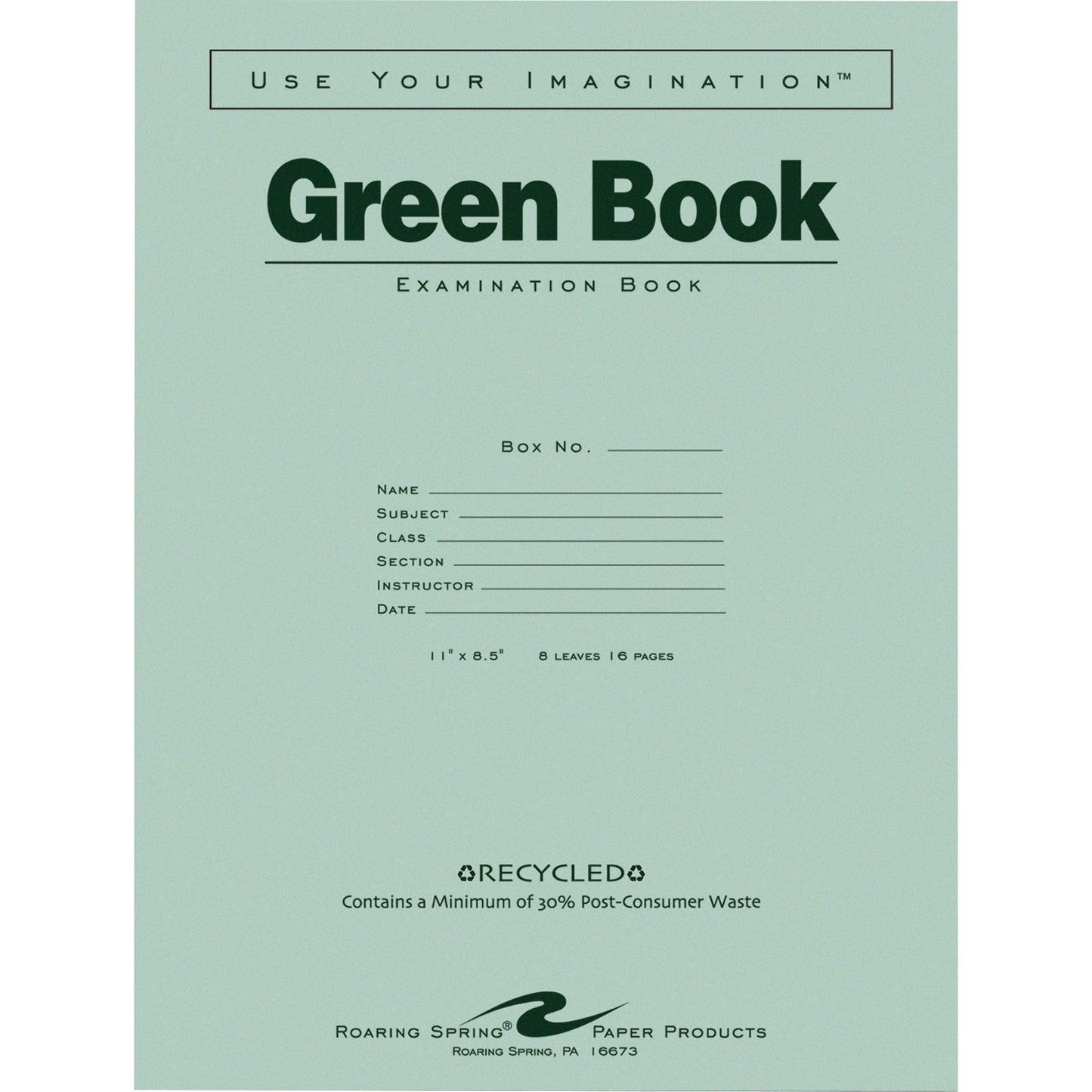 Roaring Spring Green Exam Book, Wide Rule, 11" x 8 1/2", 8 Sheets