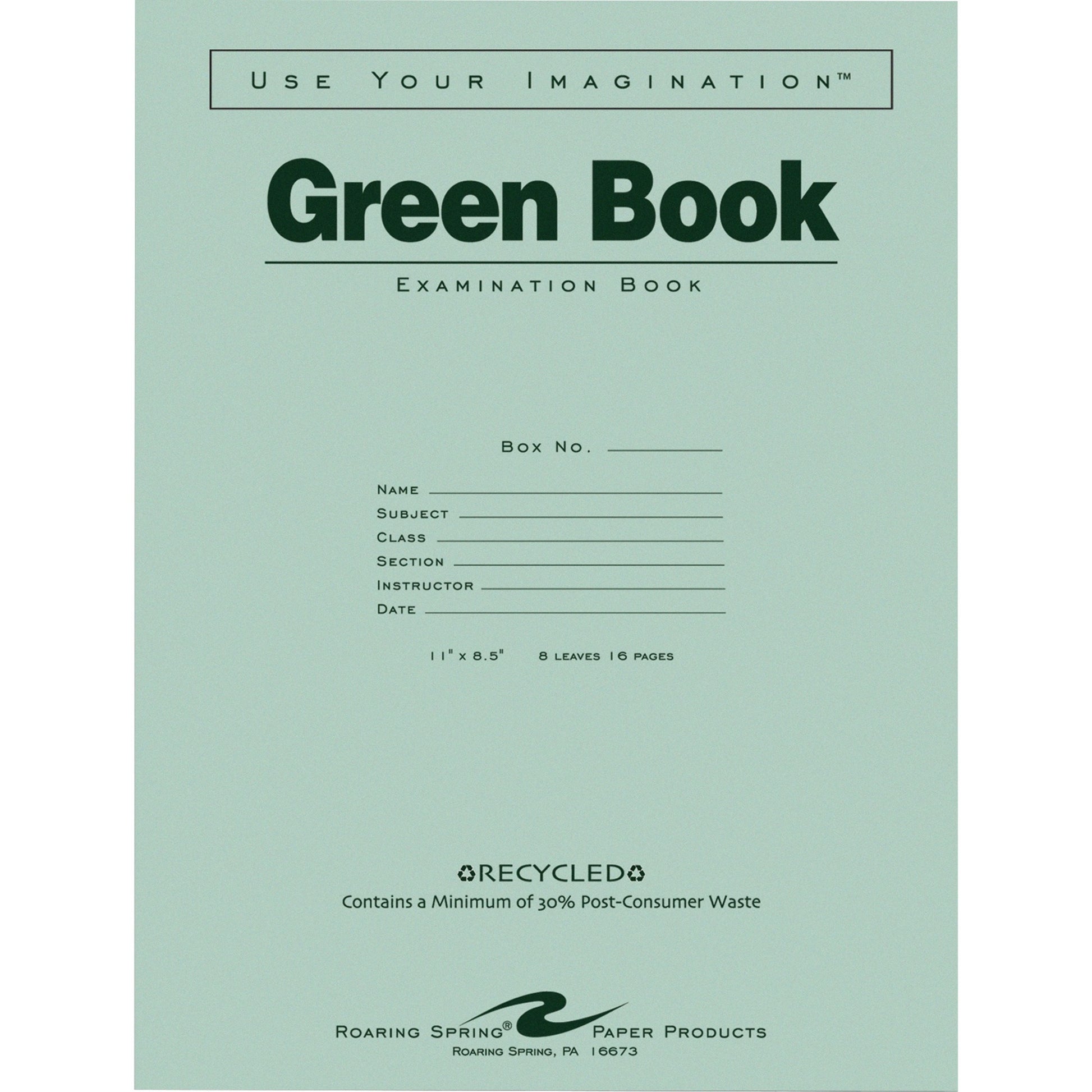 Roaring Spring Green Exam Book, Wide Rule, 11" x 8 1/2", 8 Sheets