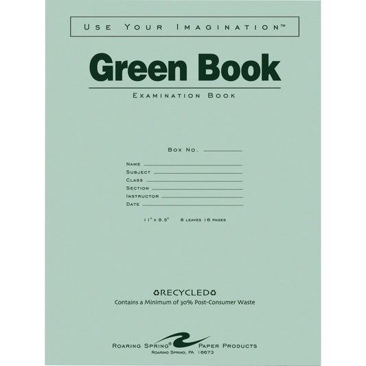 Roaring Spring Green Exam Book, Wide Rule, 11" x 8 1/2", 8 Sheets