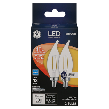 GE 3.5W LED Daylight Dimmable CAC Decorative Clear Finish Light Bulb (2-Pack)