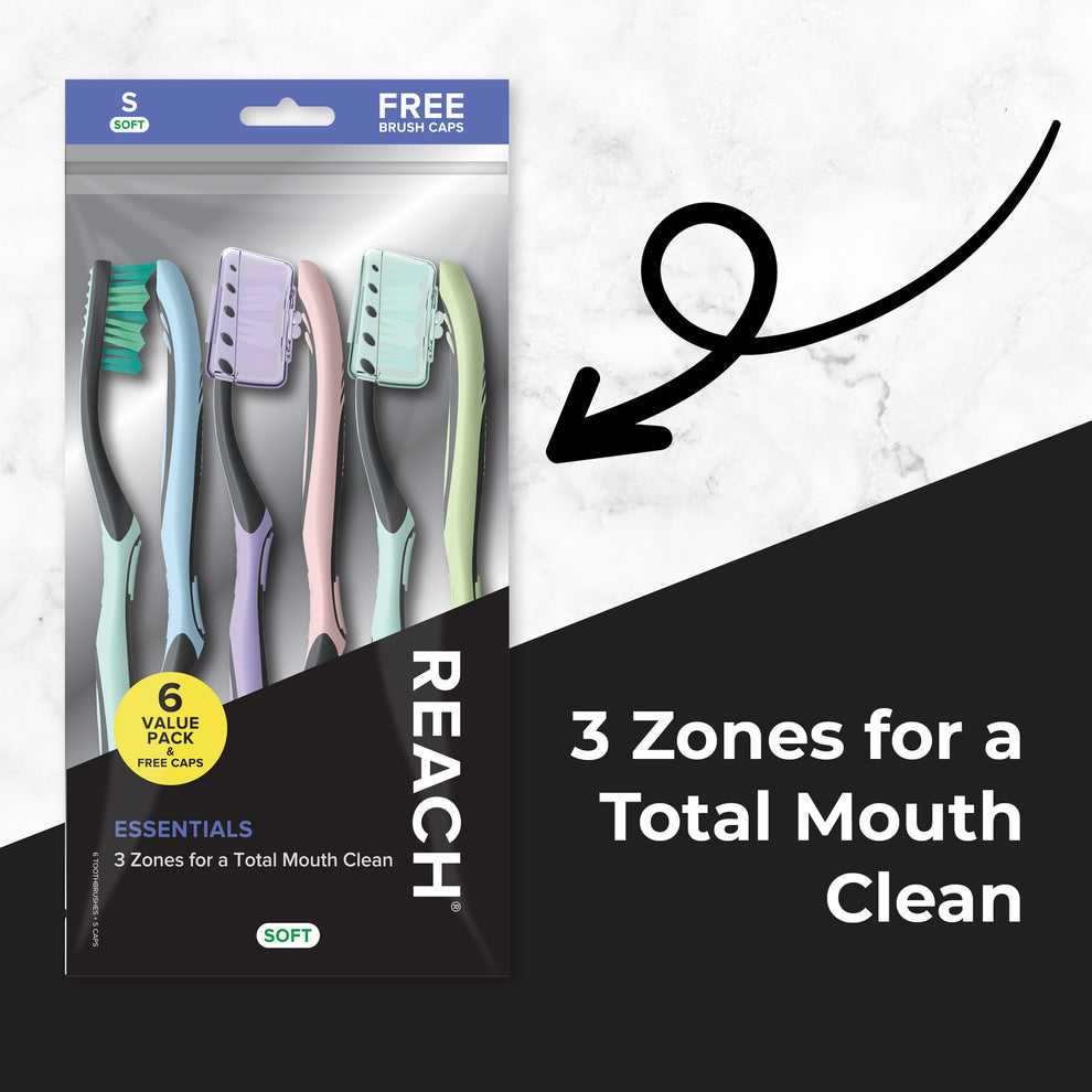 Reach Toothbrush Essentials Soft 2 Count With Caps (6in)