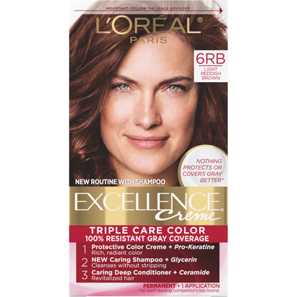 L'ORÉAL PARIS Excellence Triple Protection Permanent Hair Color, 6RB Light Reddish Brown, 6.3 fl. oz.