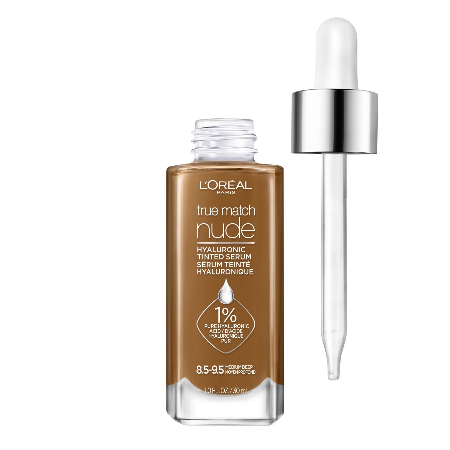 L'ORÉAL PARIS True Match Hyaluronic Tinted Serum Foundation Skincare Hybrid, 8.5-9.5 Medium Deep, 1 fl oz