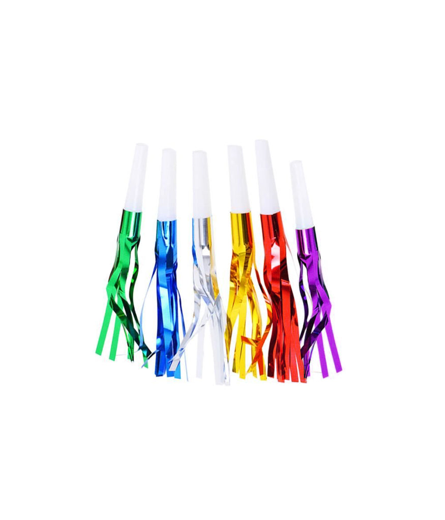 Unique Party! Foil Horn Blowouts with Colorful Fringe, 6 count