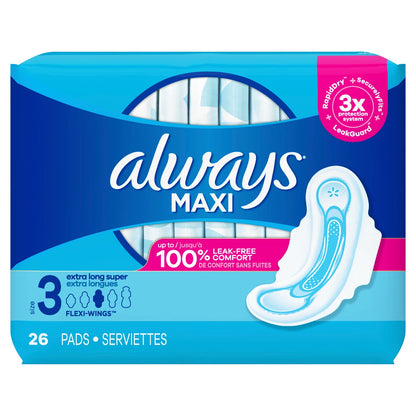 Always Pads Size 3 Maxi 26 Count Xtra Long  Super
