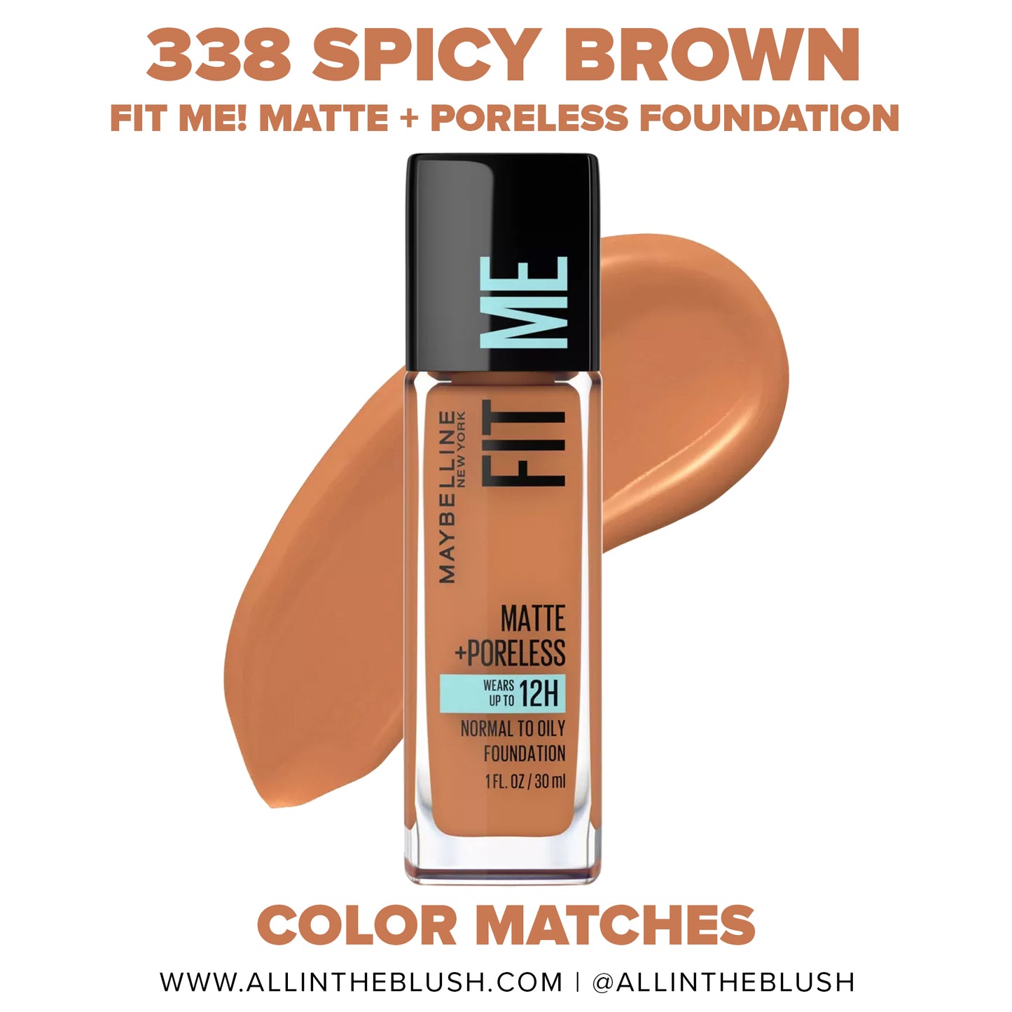 MAYBELLINE New York Fit Me Matte + Poreless Foundation Makeup, 338 Spicy Brown, 1 oz