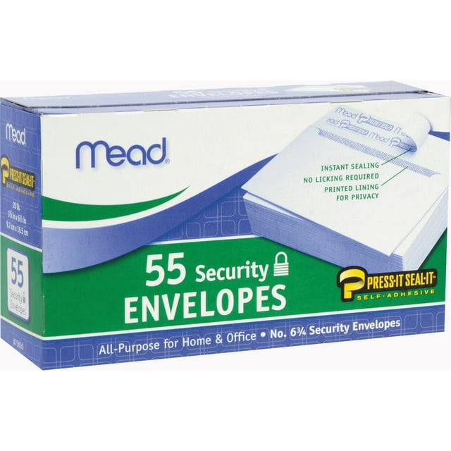 Mead Press-It Seal-It #6 3/4 Security Envelopes White -55 ct