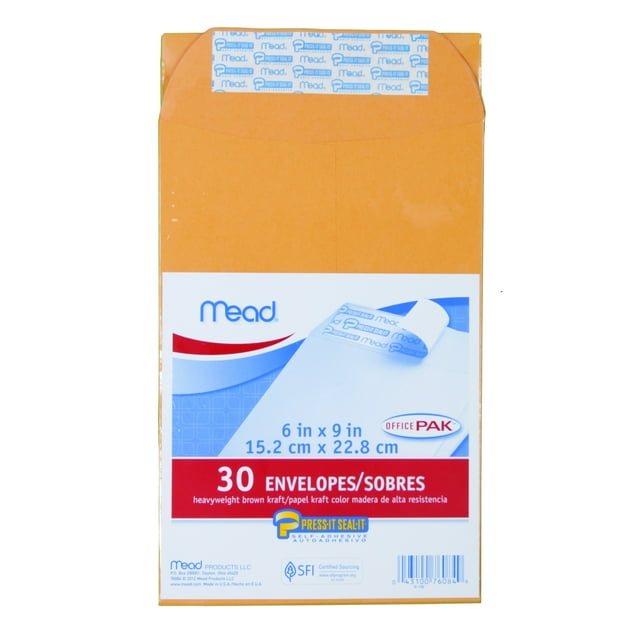 Mead Kraft Press-It Seal-It Envelopes Office Pak  6 x9" 30 Ct