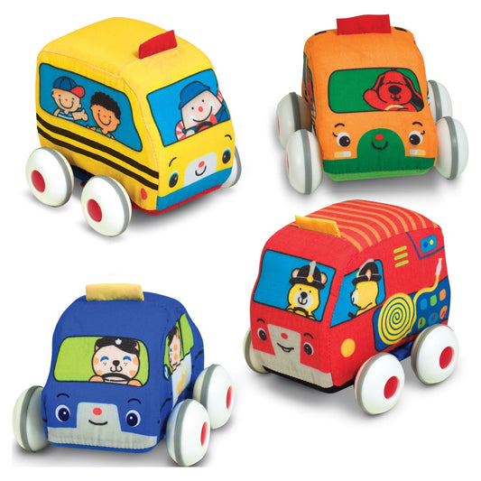 Melissa & Doug K's Kids' Soft Baby Pull-Back Vehicle Set with 4 Cars and Trucks