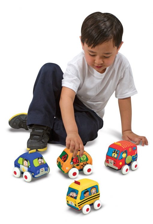 Melissa & Doug K's Kids' Soft Baby Pull-Back Vehicle Set with 4 Cars and Trucks