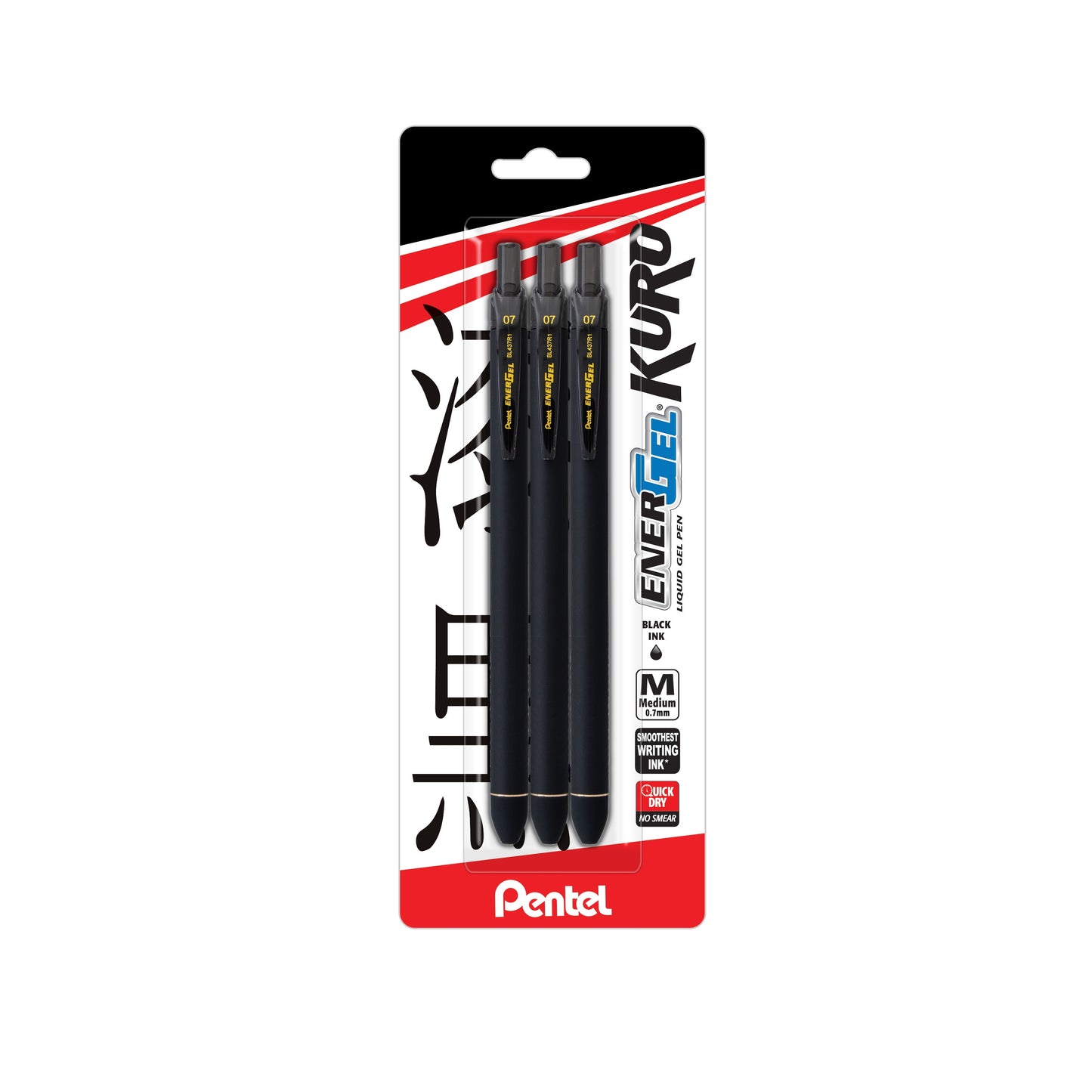 Pentel EnerGel Kuro Medium Point (0.7mm) Liquid Gel Pen - Black Inc, 4 count