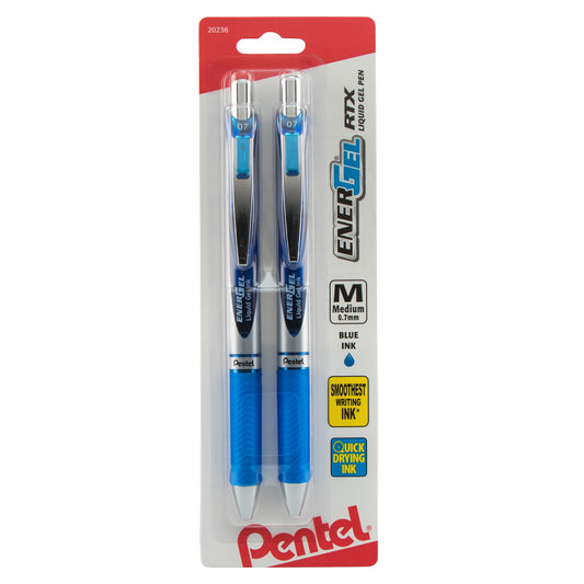 EnerGel RTX Retractable Liquid Gel Pen, (0.7mm) Metal Tip, Medium Line, Black Ink 2-Pk