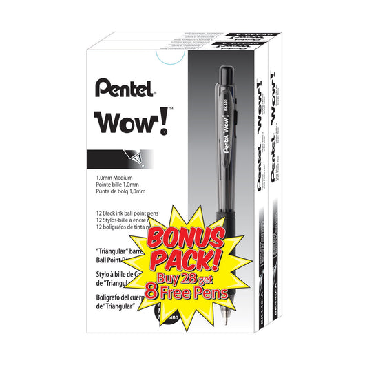 Wow! Retractable Ballpoint Pen, (1.0mm) Medium Line, NEW  Ink, Black Ink 5-Pk
