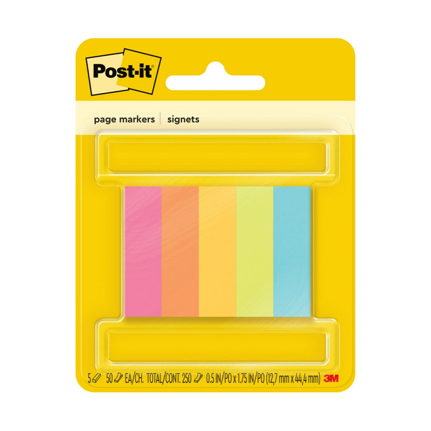 Post-it Page Markers, Fluorescent Colors, 1/2 in x 2 in, 50/Pad, 5 Pads/Pack