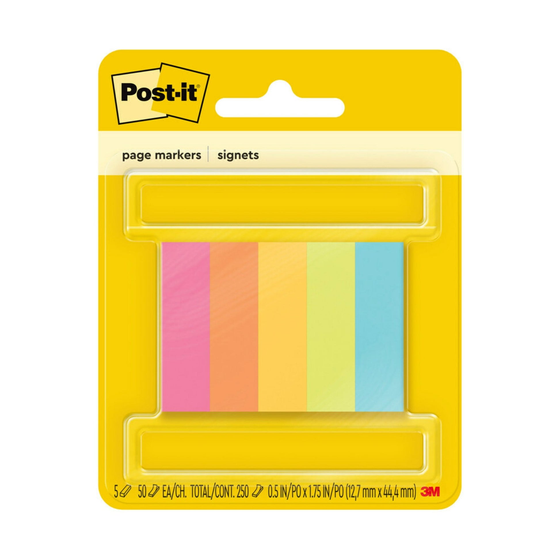 Post-it Page Markers, Fluorescent Colors, 1/2 in x 2 in, 50/Pad, 5 Pads/Pack