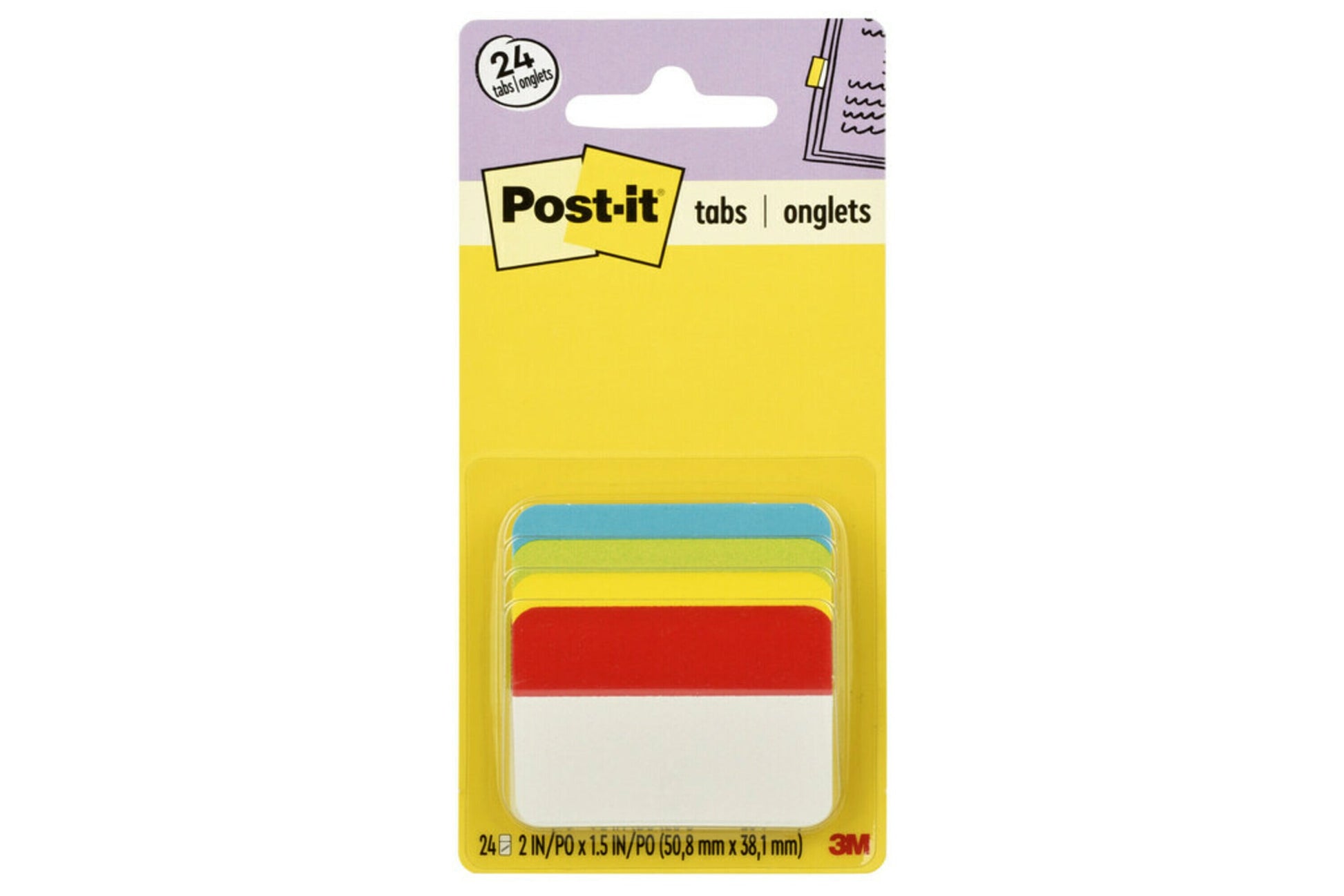 3M Post-it  2" Solid Tabs, Assorted Bright Colors, 6 Tabs/Color, 4 Colors, 24 Tabs/Pack