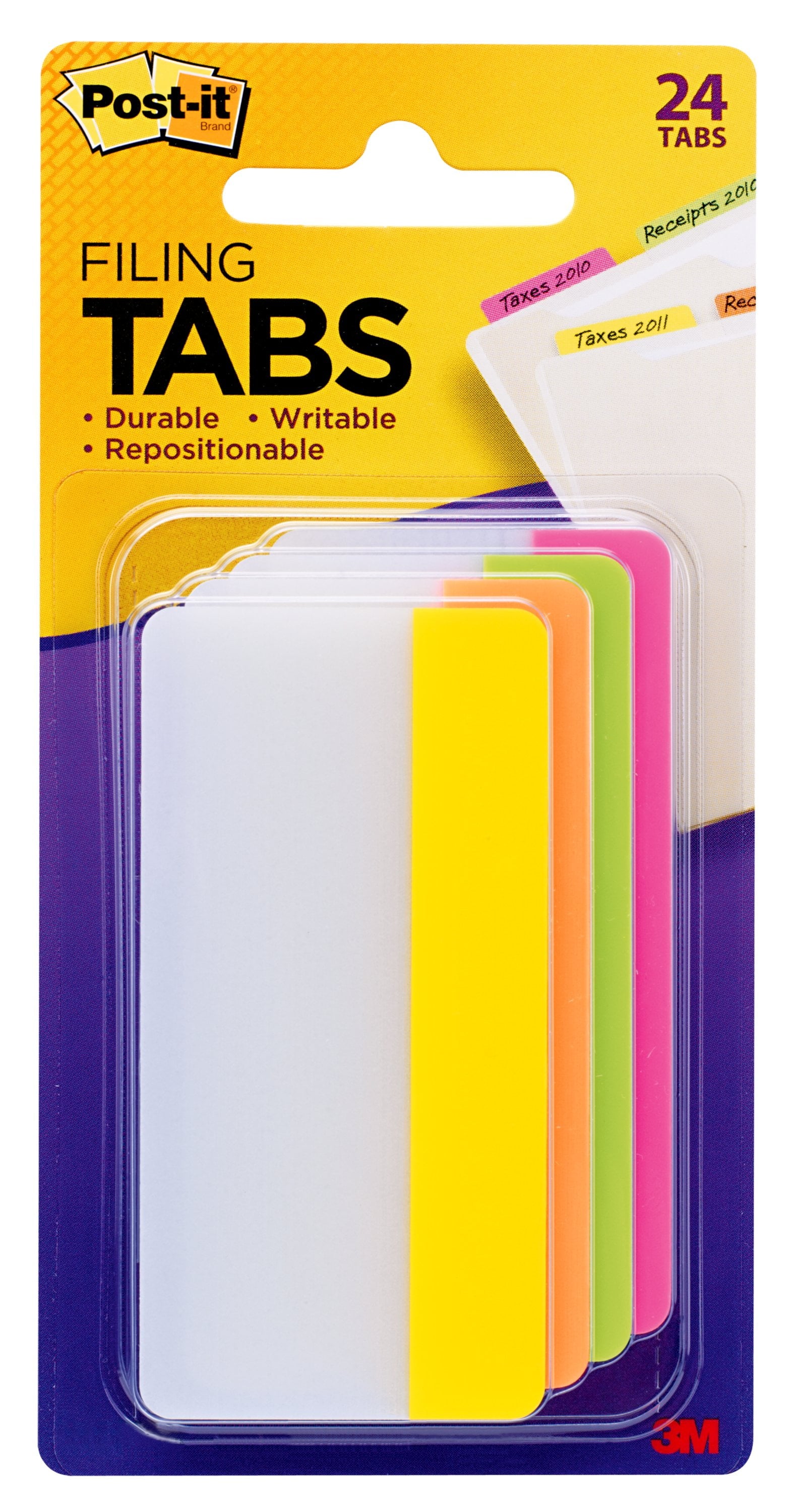 3M Post-it  2" Solid Tabs, Assorted Bright Colors, 6 Tabs/Color, 4 Colors, 24 Tabs/Pack