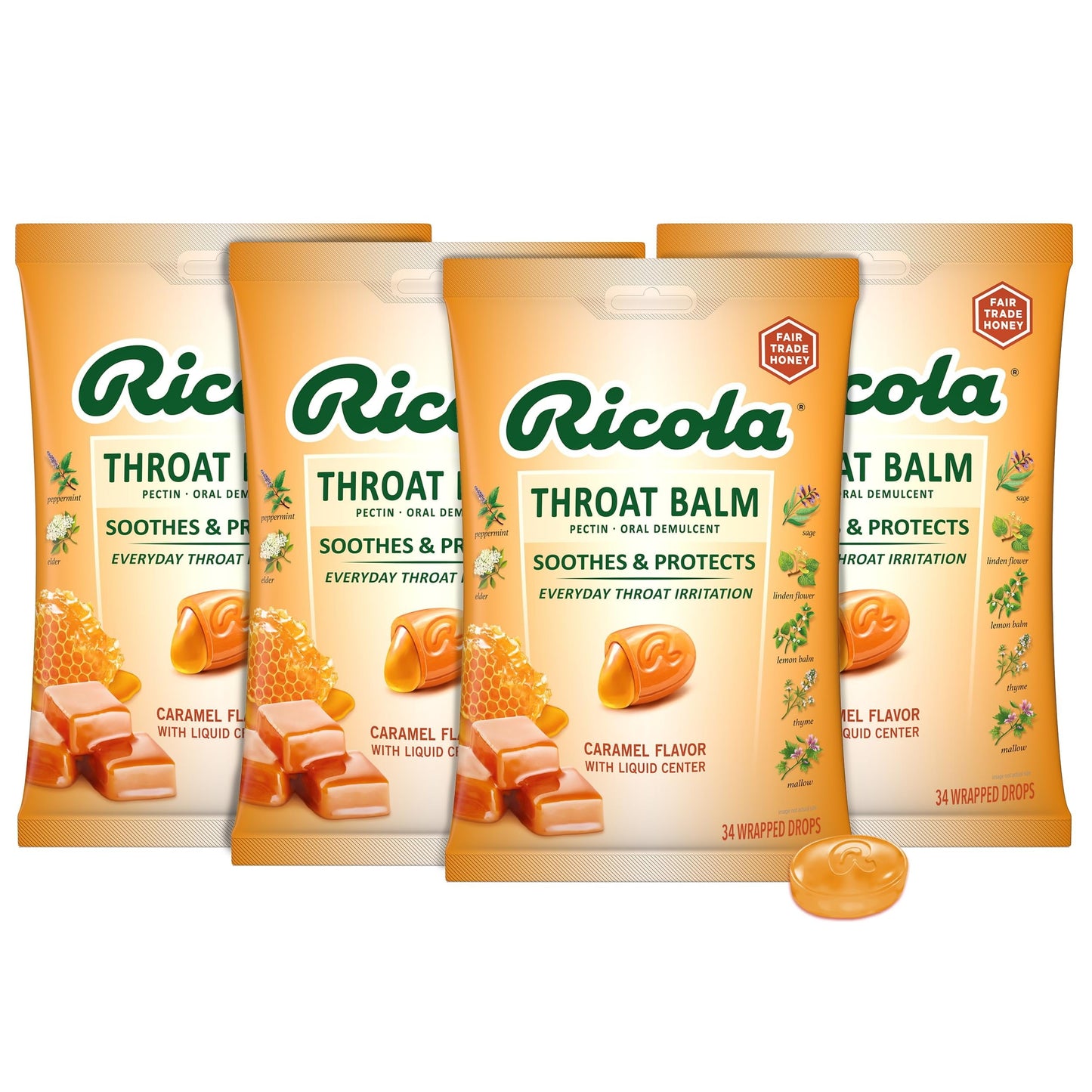 RICOLA BAG THROAT BALM CARAMEL DRP 34CT