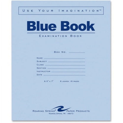 Roaring Spring Blue Exam Book, 8-1/2" x 7", White, 12 Sheets