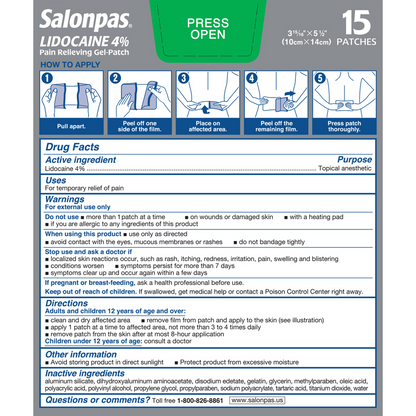 SALONPAS LIDOCAINE 4% PATCHES 6CT