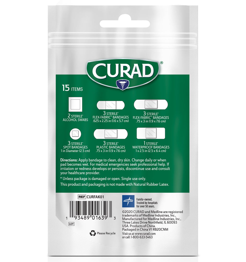 CURAD First Aid On-the-Go Essentials Portable Pack, 15 count